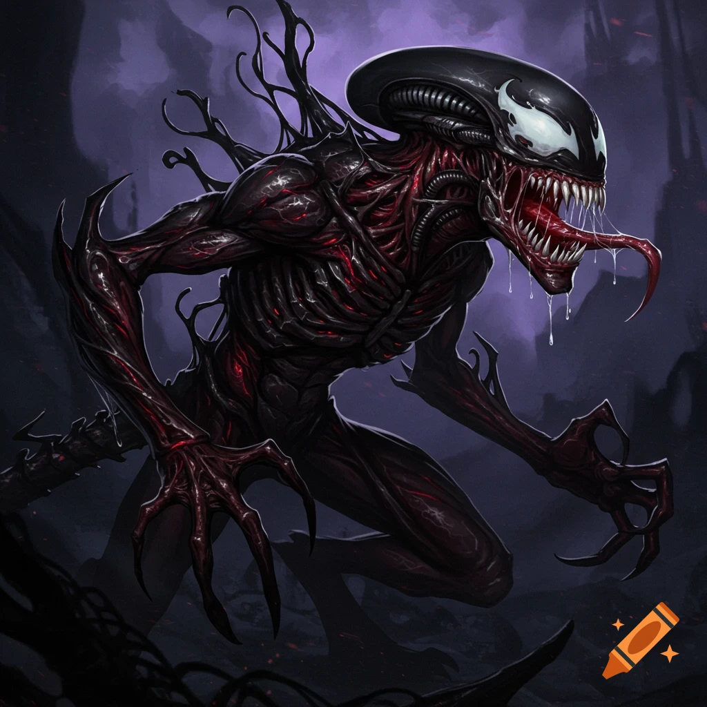 A menacing creature combining features of Venom and a Xenomorph, standing in a dark environment.