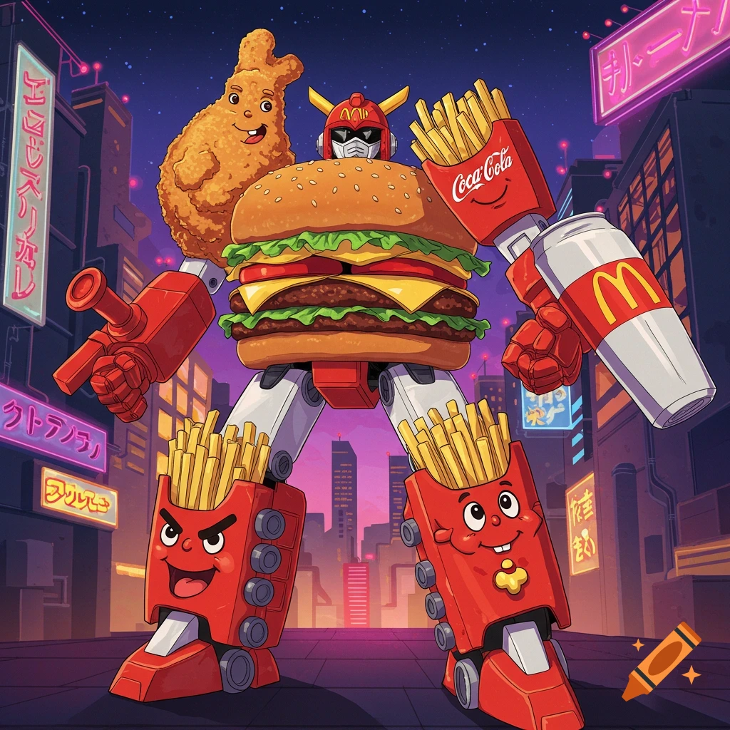 Cartoon style illustration of a robot made of fast food items (burger body, fries legs/arms, chicken leg arm) standing in a city street at night. Logos for Coca-Cola and McDonald's are visible.
