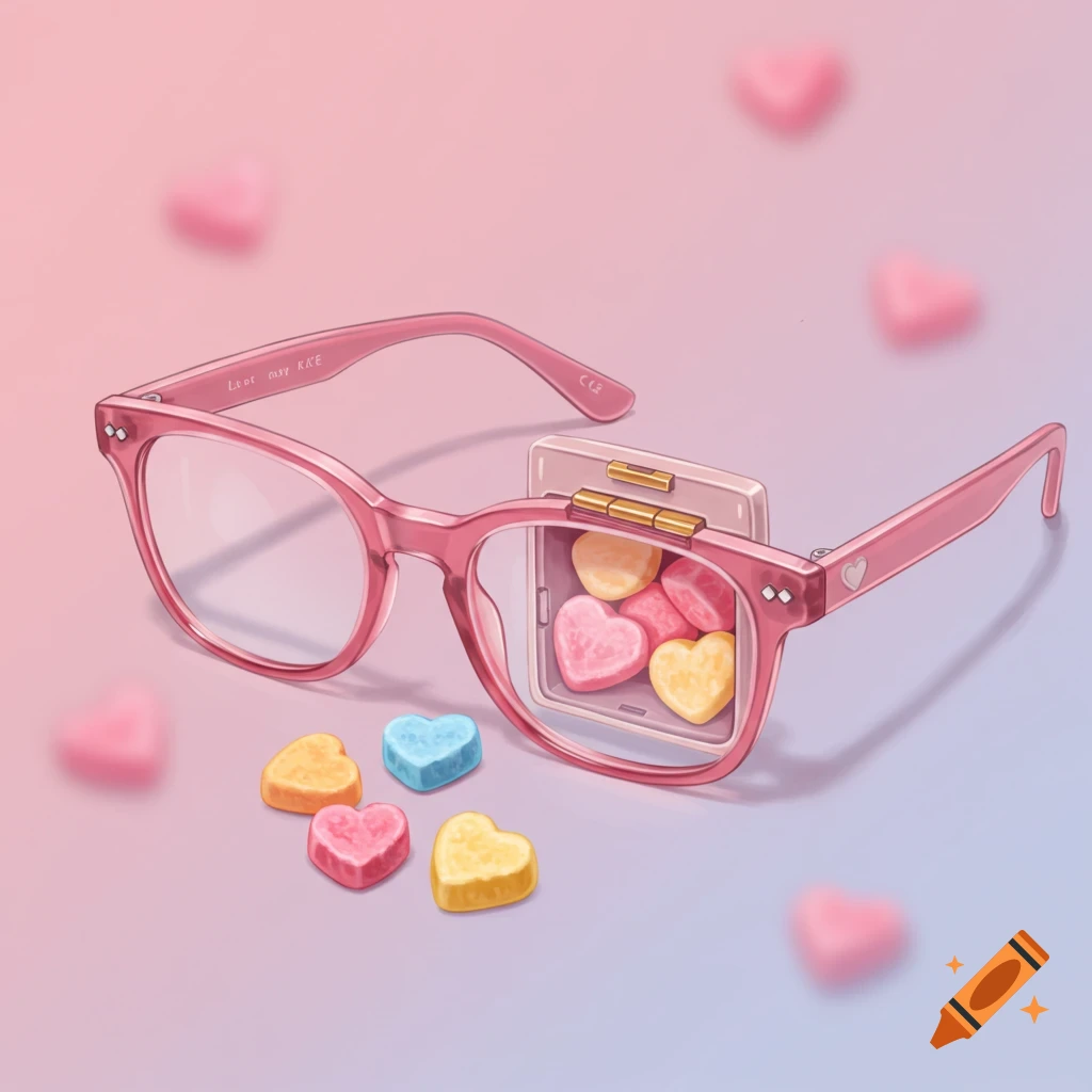 Pink eyeglasses hold heart-shaped candies on a pink and blue background with scattered heart candies.
