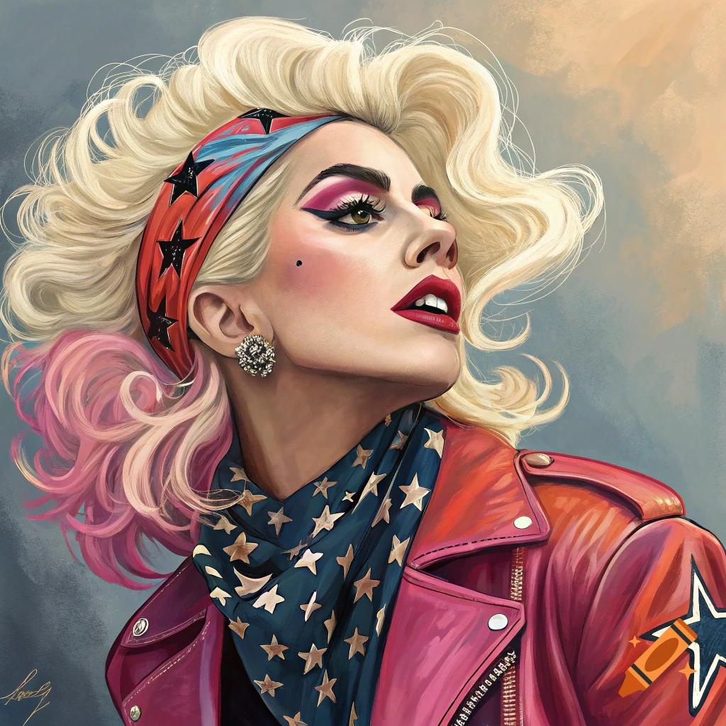Illustration of a woman resembling Lady Gaga with blonde hair, star headband/scarf, and red leather jacket.