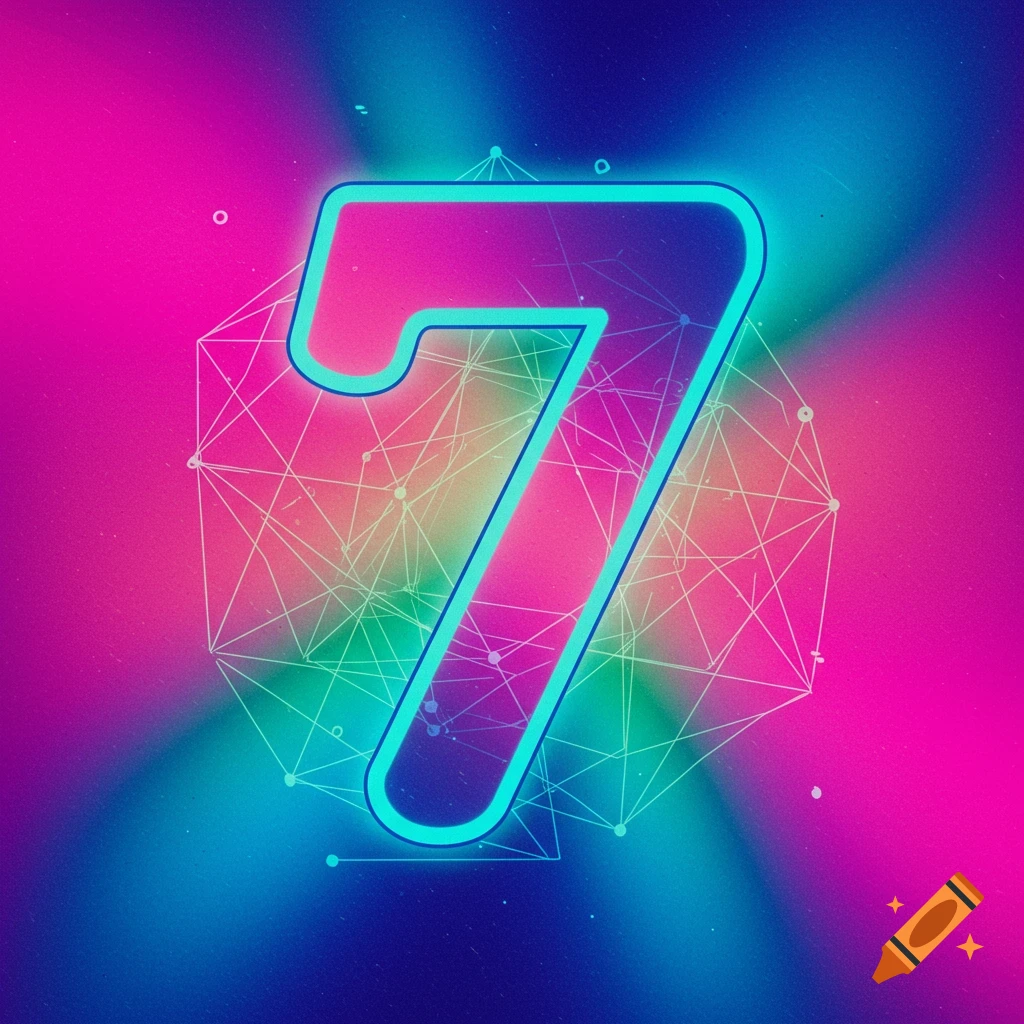 Stylized number 7 with bright neon colors and geometric background.