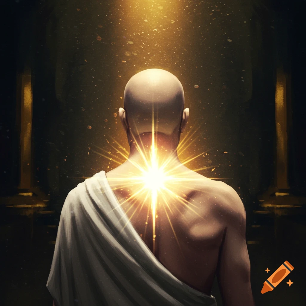 View from behind a bald man in a toga with a bright light shining from his back in a dark interior with columns.