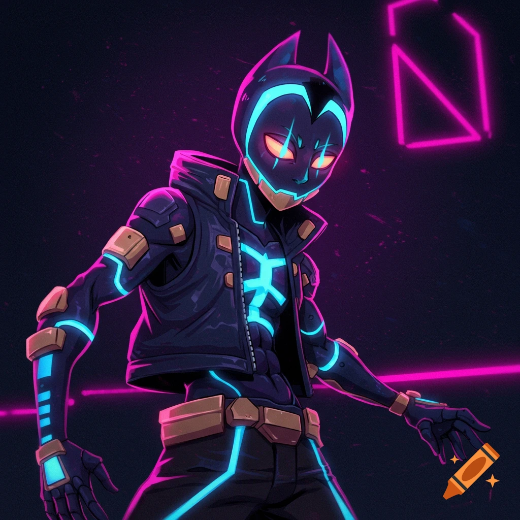 A stylized character in a neon blue and pink cyberpunk suit with cat ears.
