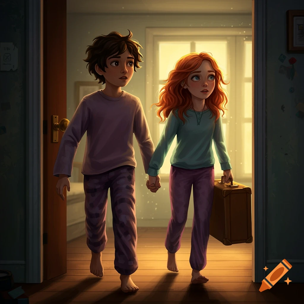 Two children in pajamas holding hands and a suitcase leave a room
