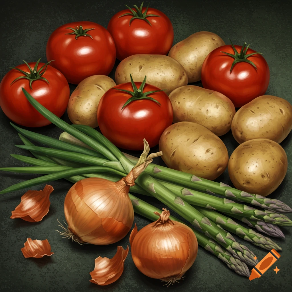 A still life depiction of tomatoes, potatoes, onions, and asparagus on a dark background.