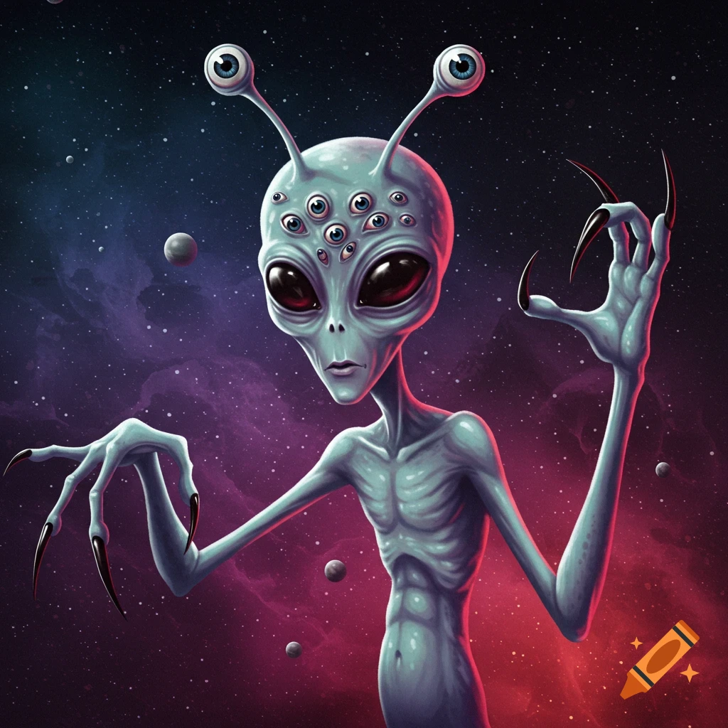 A grey alien with multiple eyes, long antennas, and sharp claws stands in space surrounded by planets and nebulae.