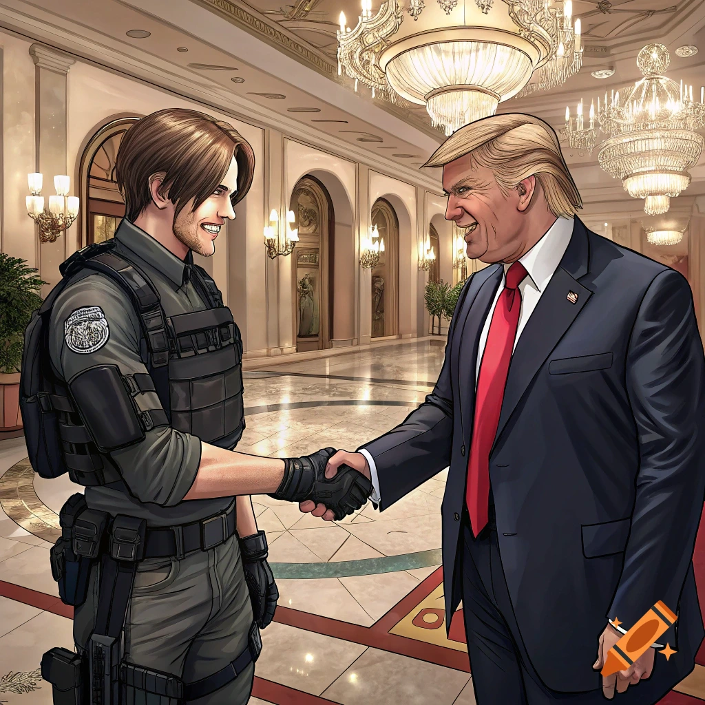 Anime-style illustration of Leon Kennedy from Resident Evil shaking hands with Donald Trump in a fancy lobby.