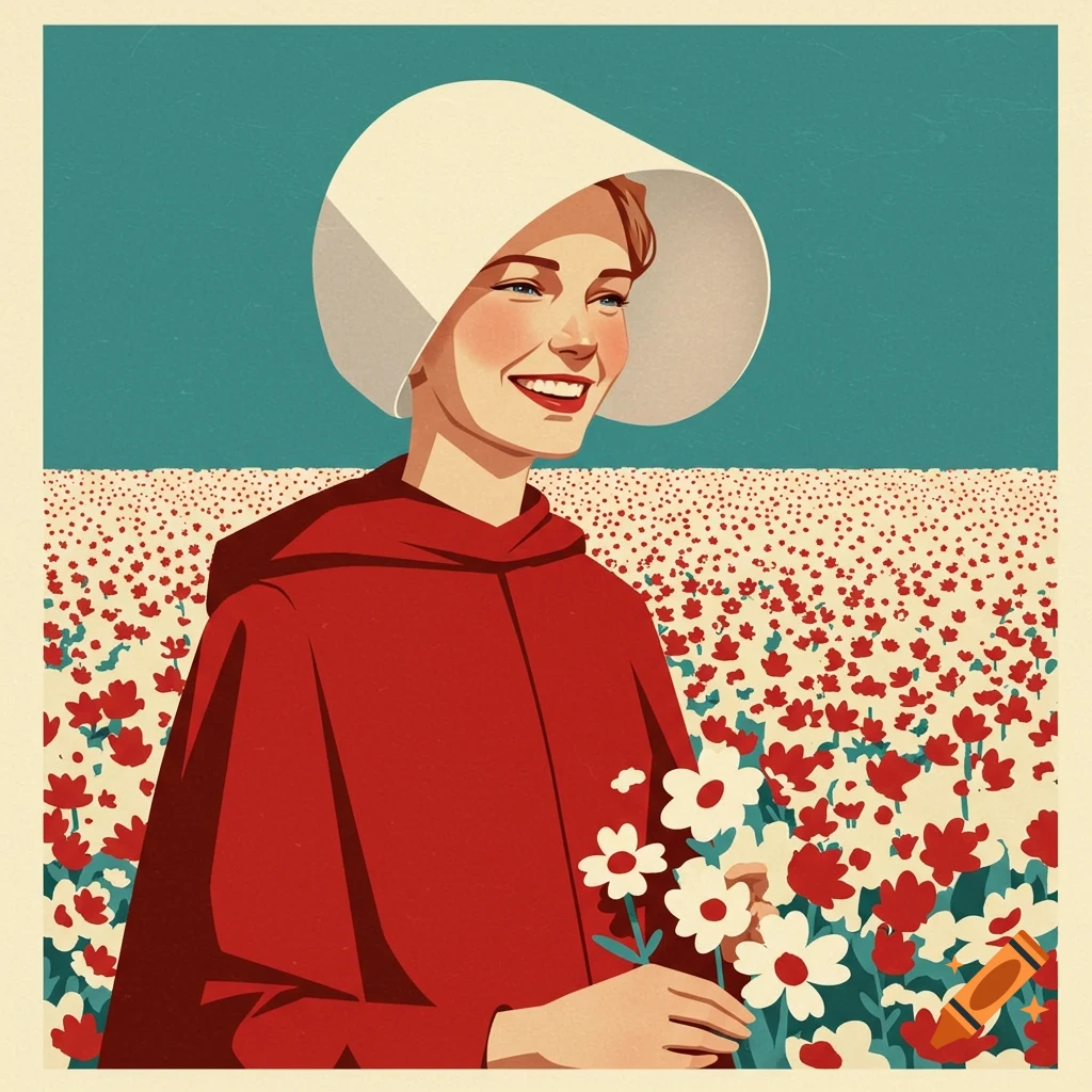 Illustration of a woman in a red cloak and white bonnet holding flowers in a field.