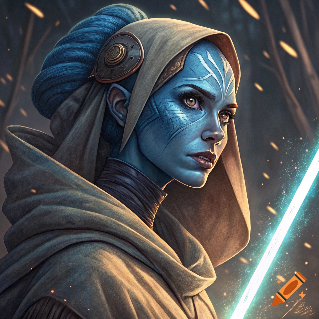 Stylized portrait of a blue-skinned alien woman in a hooded robe holding a glowing lightsaber.