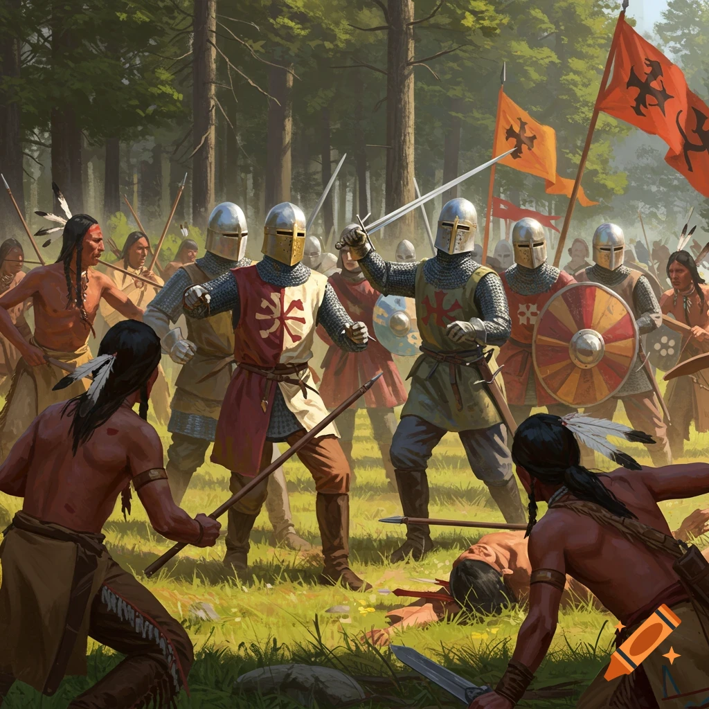 Knights battle indigenous warriors in a forest, illustration style.
