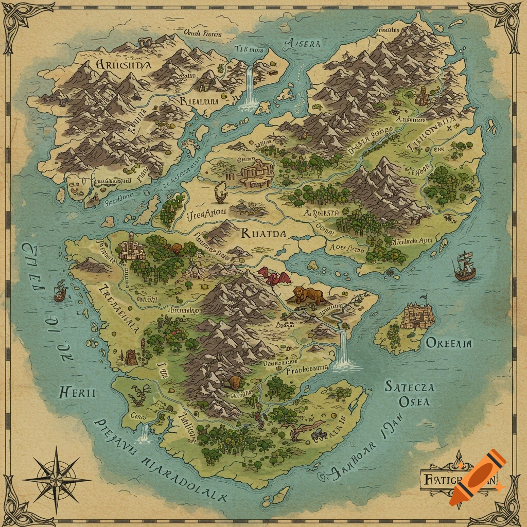 An illustrated fantasy world map showing continents mountains forests