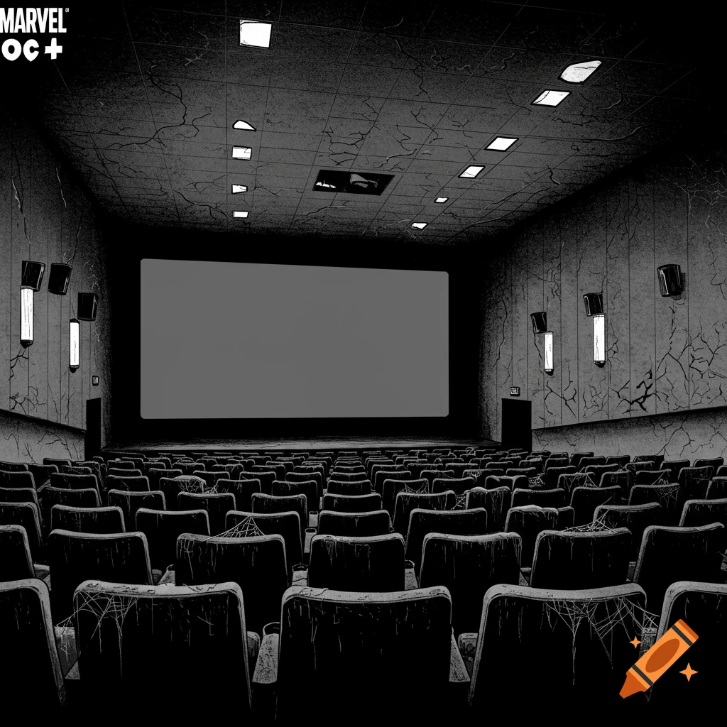 Empty, dark movie theater in a graphic novel style, with cobwebs and cracked walls.