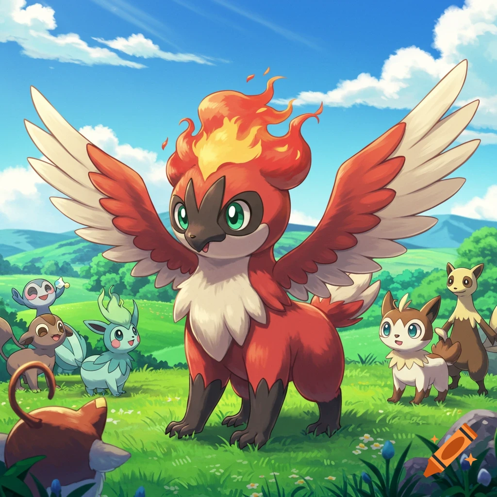 Cartoon bird-like creature with fire on head and wings stands in a field with other creatures.