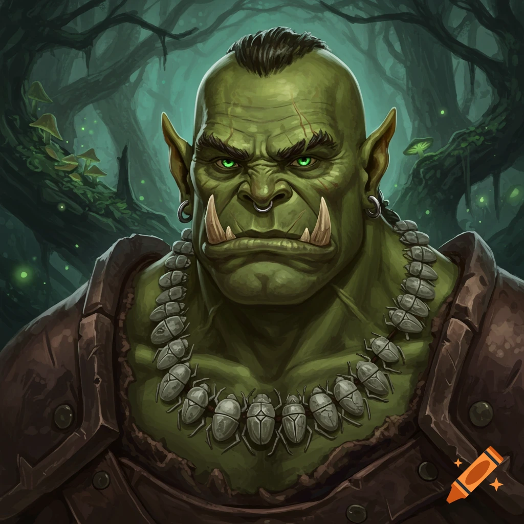 Portrait of a green orc with tusks and a beetle necklace in a glowing forest.
