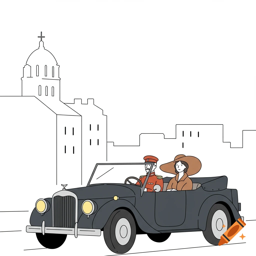 Minimalist 2D vector illustration of a couple in an open-top car driving through a city.