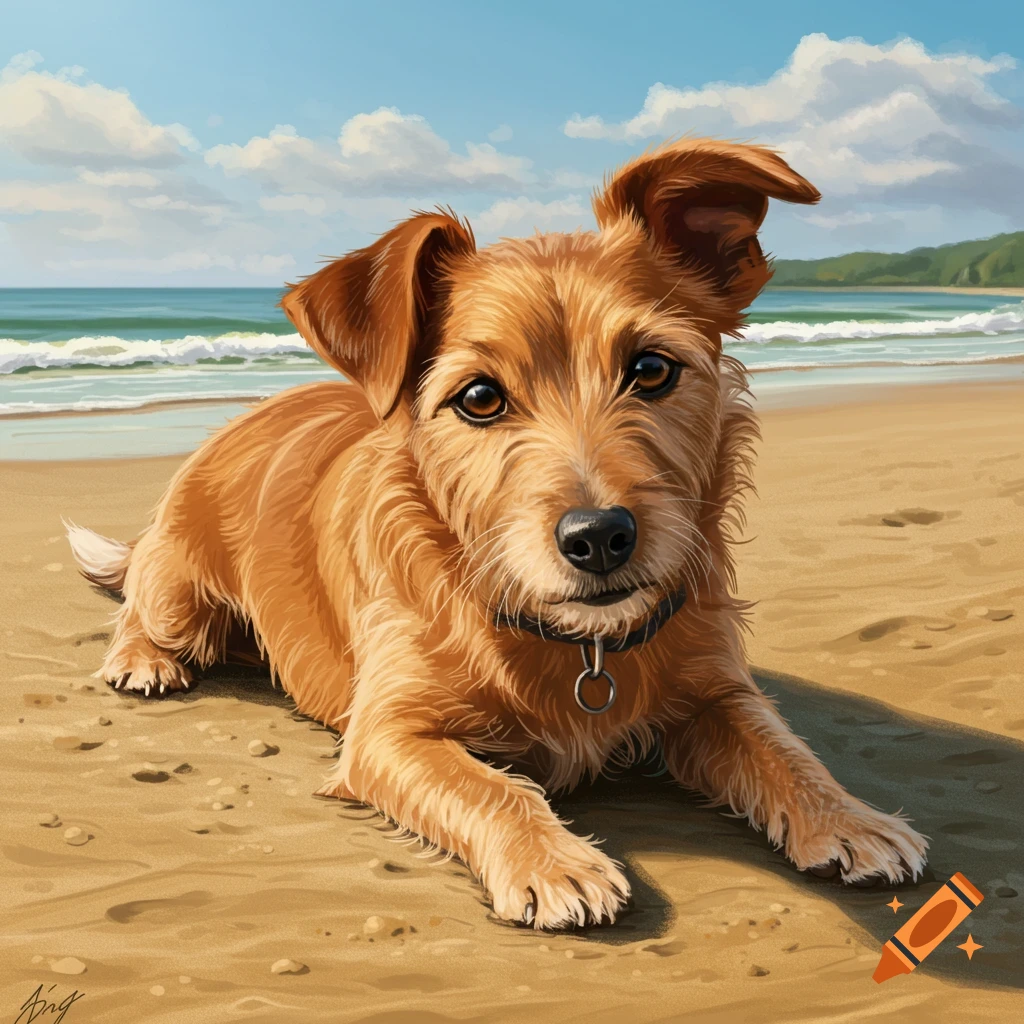 A brown dog lies on a sandy beach with the ocean and sky in the background.