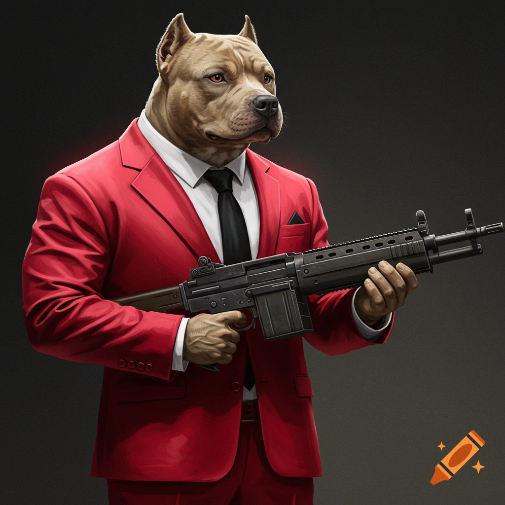 A pitbull in a red suit holding a rifle in a stylized illustration.