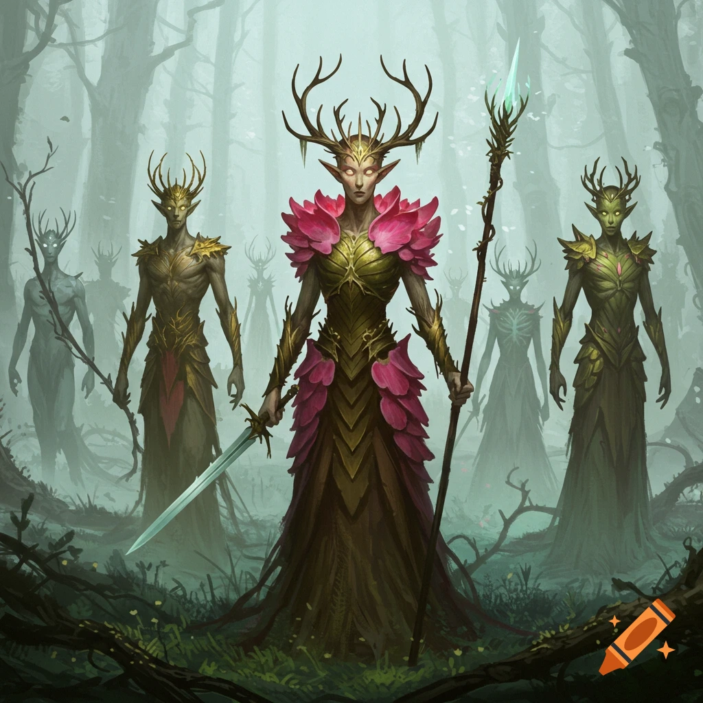 Mystical antlered figures with weapons stand in a misty forest, digital art.