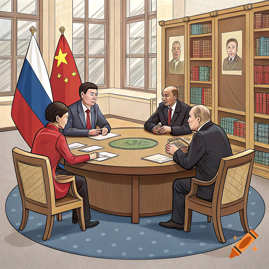 Illustration of a formal meeting with four people around a table, with Russian and Chinese flags and bookshelves.