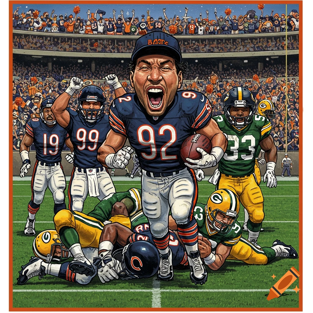 Cartoon illustration of a football player running with the ball, surrounded by other players and a stadium crowd.