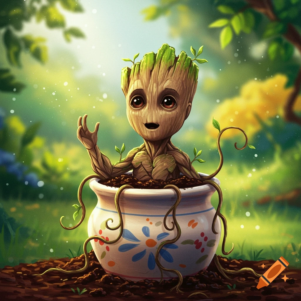 Cute cartoon of Baby Groot sitting in a flower pot full of dirt, raising his hand