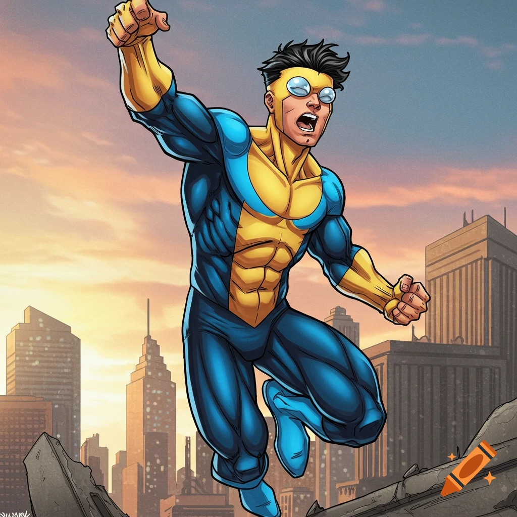 Invincible superhero flies over a destroyed city in comic book art style