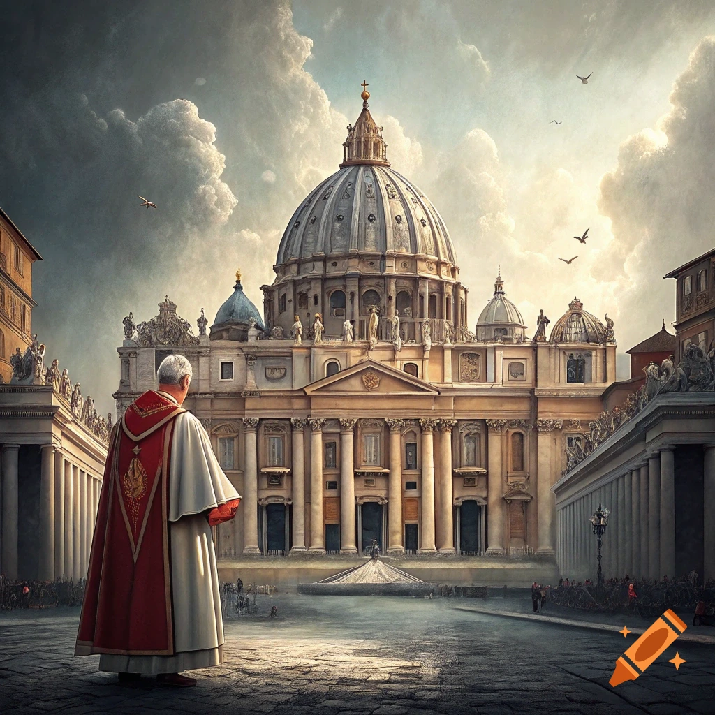 Figure resembling the Pope looks at St. Peter's Basilica in a square under a cloudy sky.