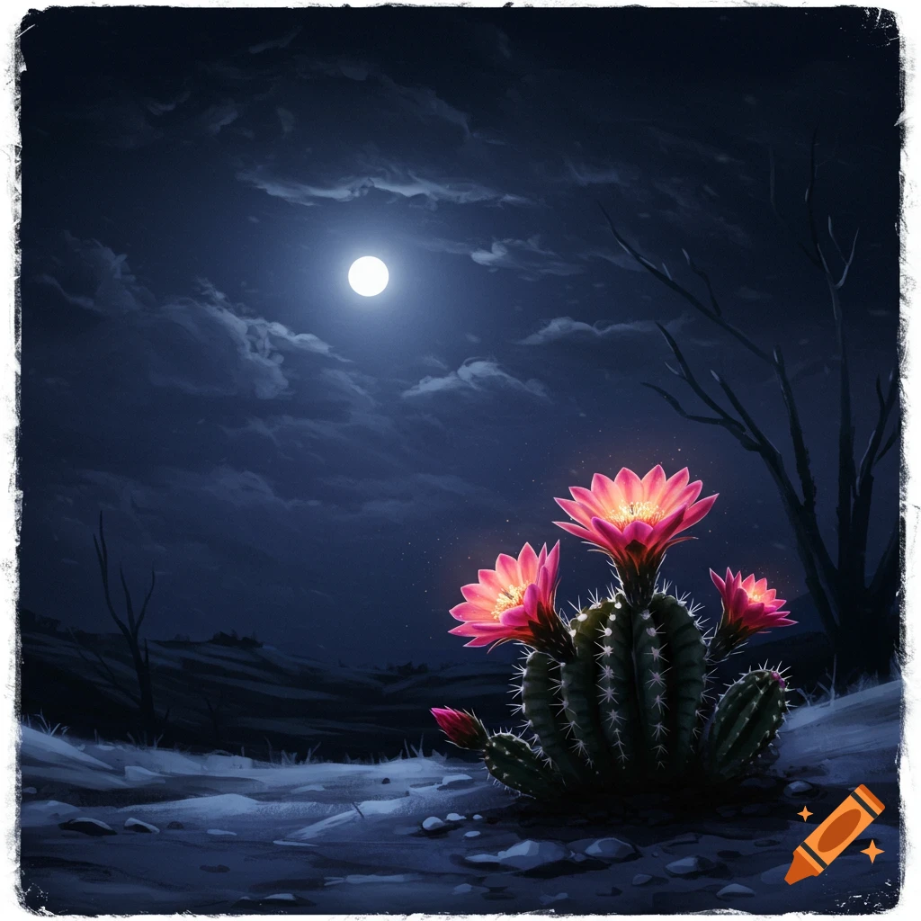 A cactus with bright pink flowers blooming under a full moon in the desert at night.