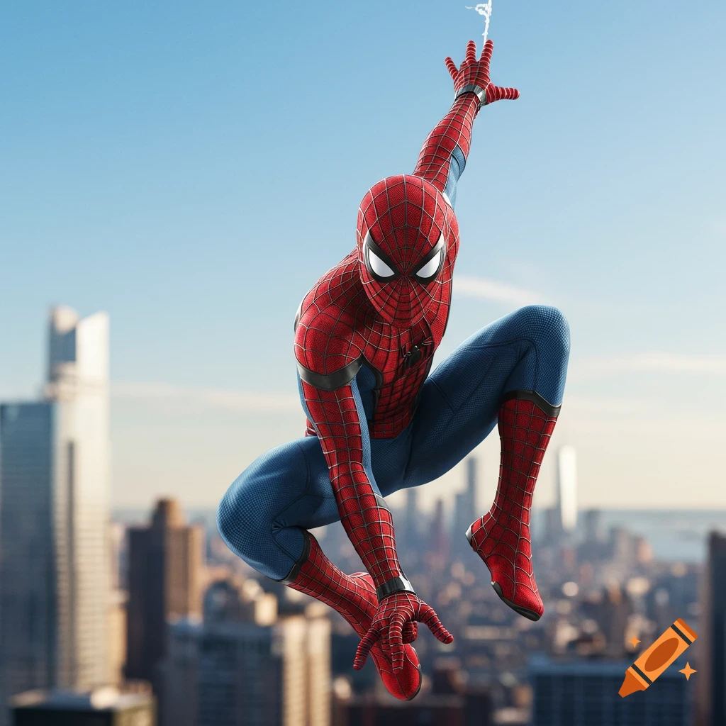 Spider-Man swings through a cityscape in a dynamic pose.