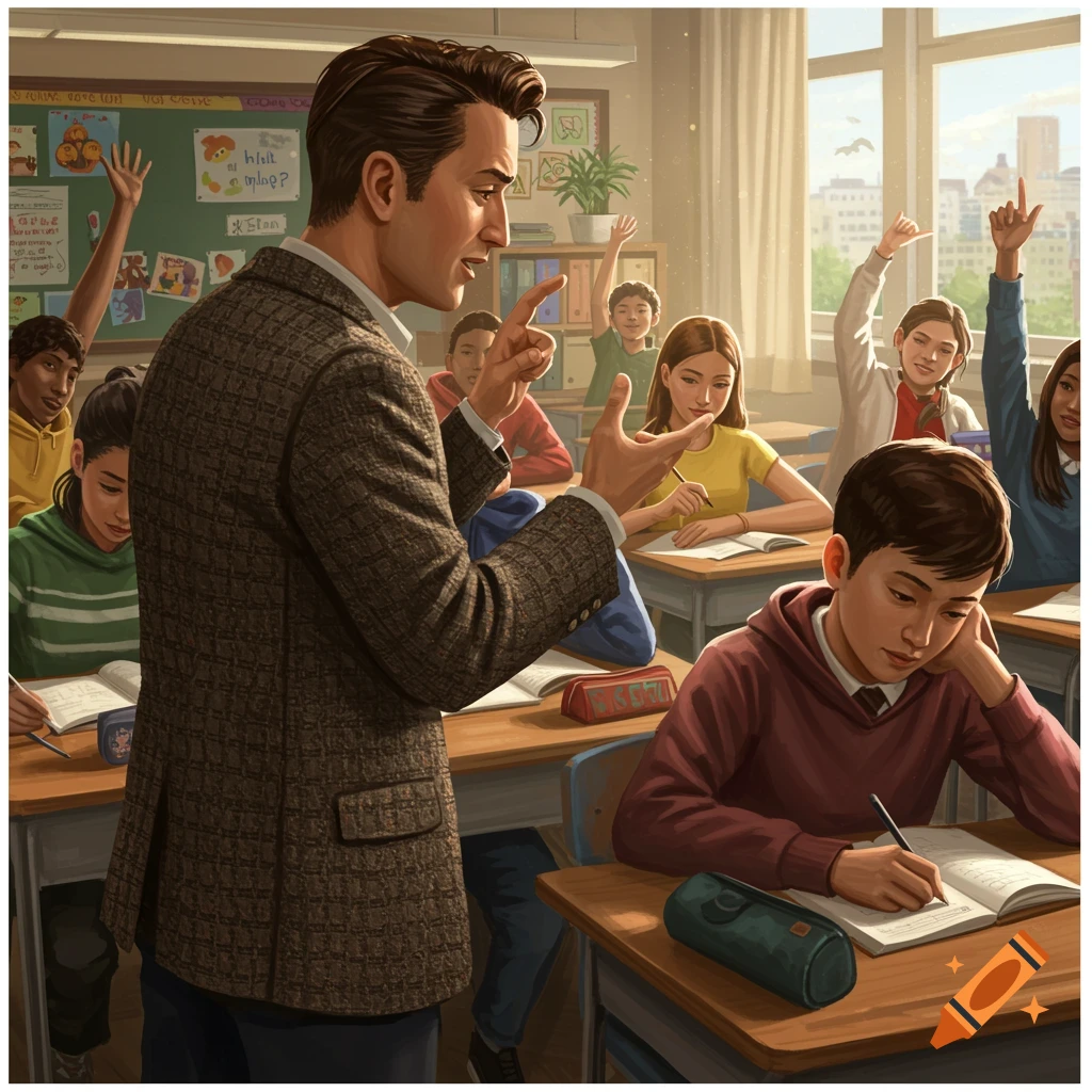 A teacher speaks to a class of students raising their hands in a bright classroom.