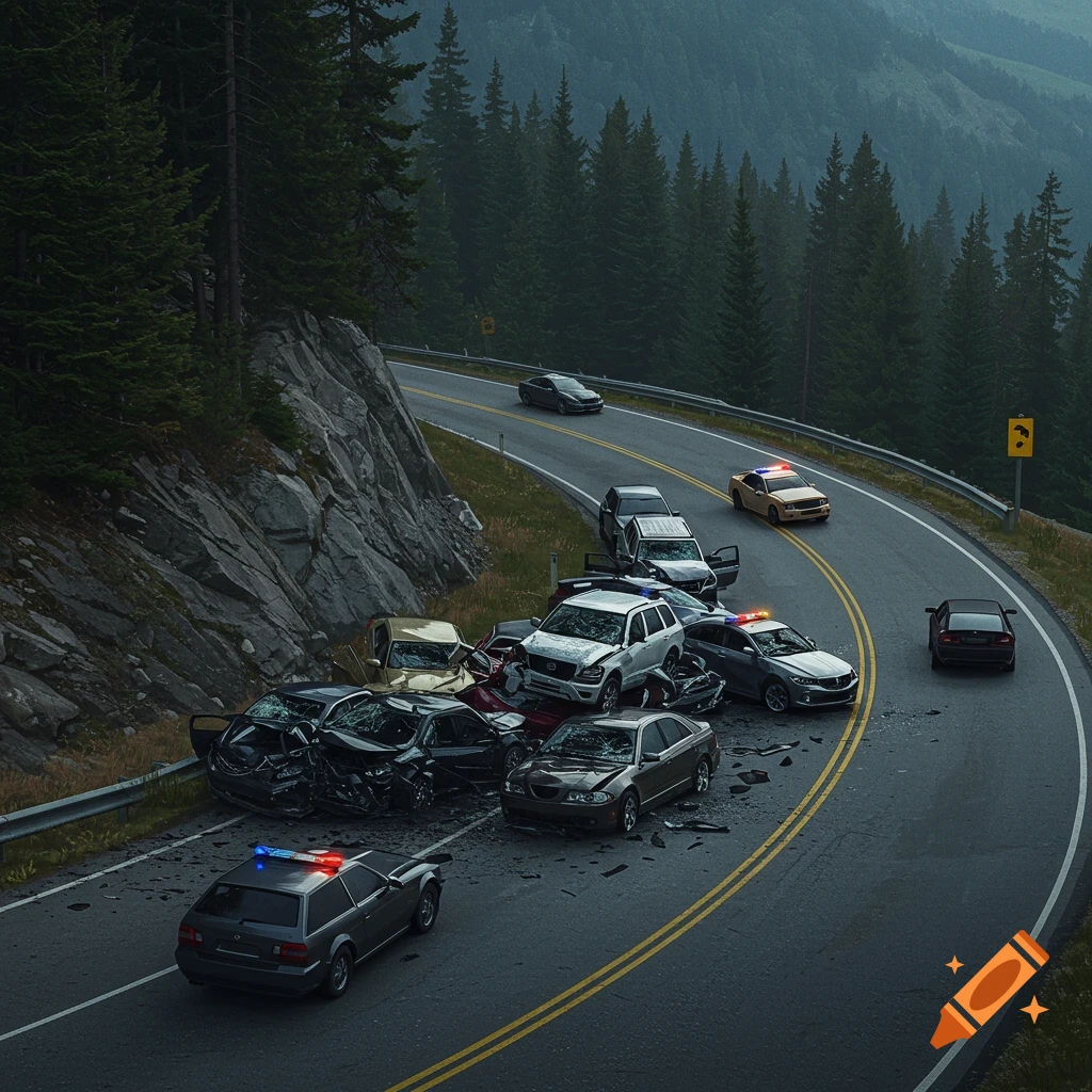 A large car pileup on a winding mountain road, photorealistic style.