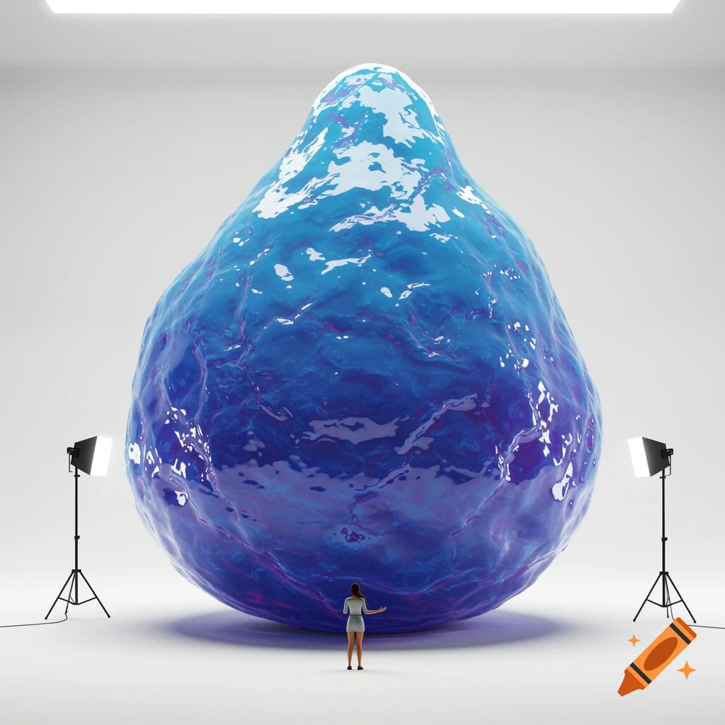 Giant blue blob in a studio with a small person.