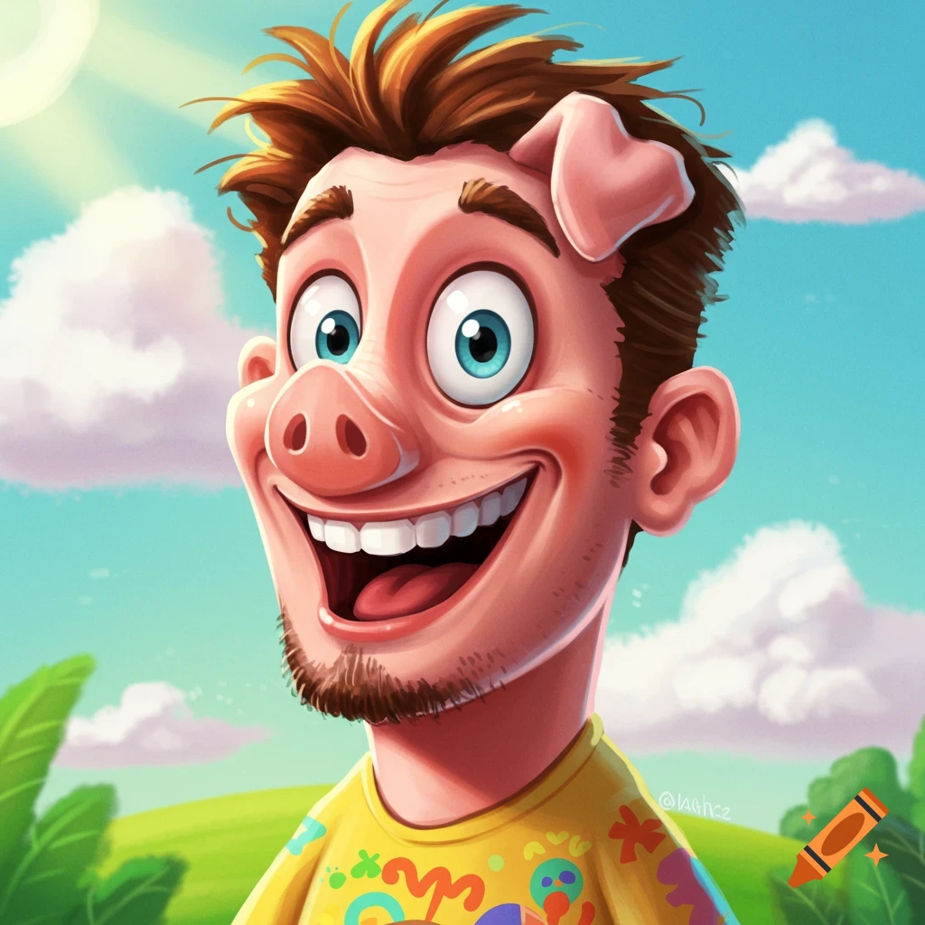 Close-up illustration of a smiling cartoon character with pig features against a sunny landscape
