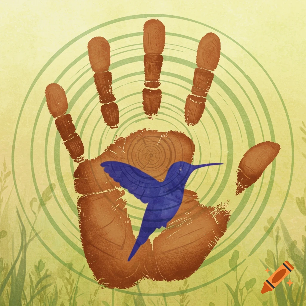 Illustration of a brown handprint with tree rings in the palm and a blue hummingbird. Green rings and grass are in the background.