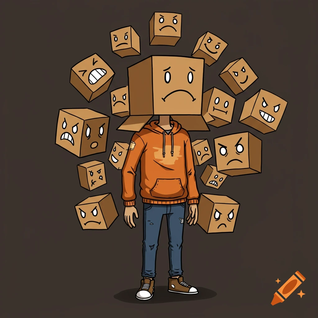 A cartoon man with a box head wearing a hoodie, surrounded by floating boxes with different emotional faces.