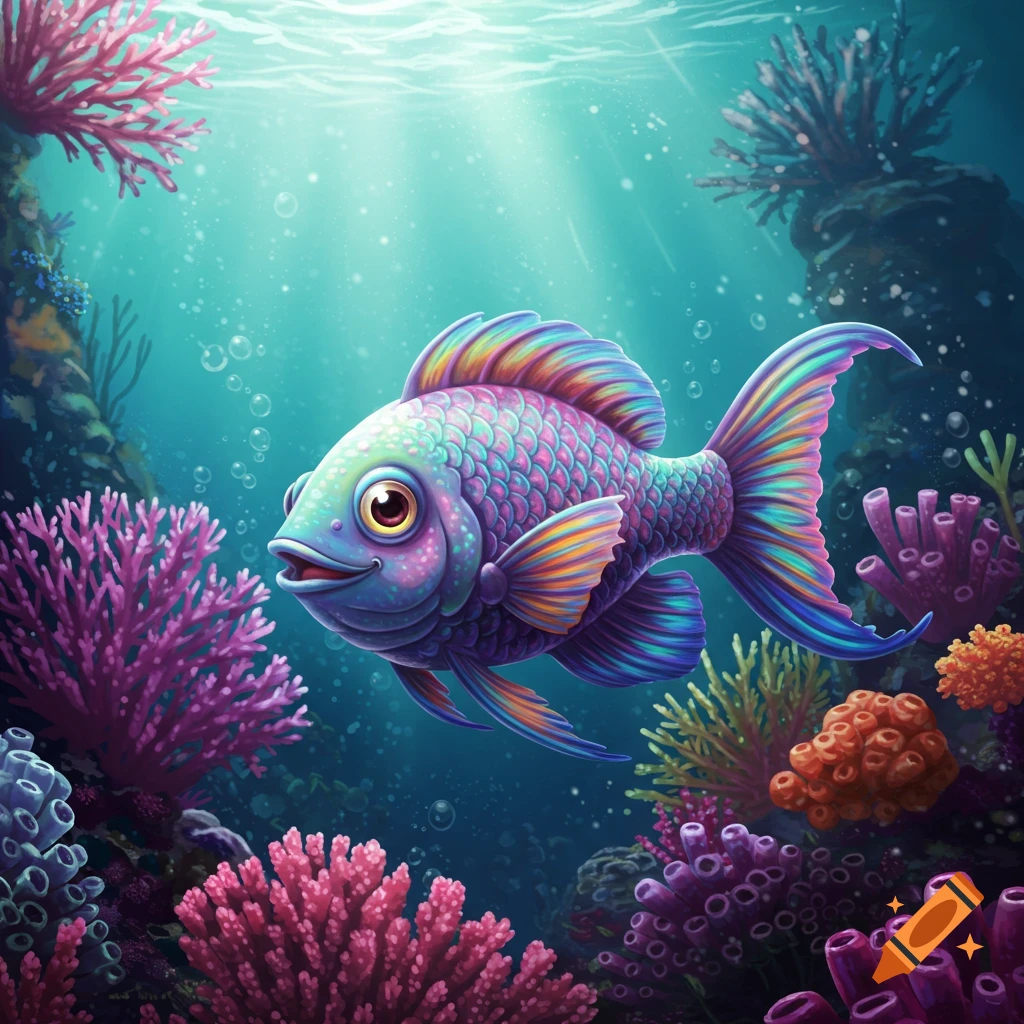 A colorful cartoon fish swims among purple and orange coral in bright blue water.