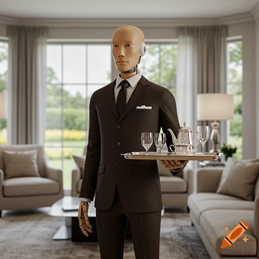 Photorealistic image of a tan robot butler in a brown suit holding a tray with drinks in a living room.