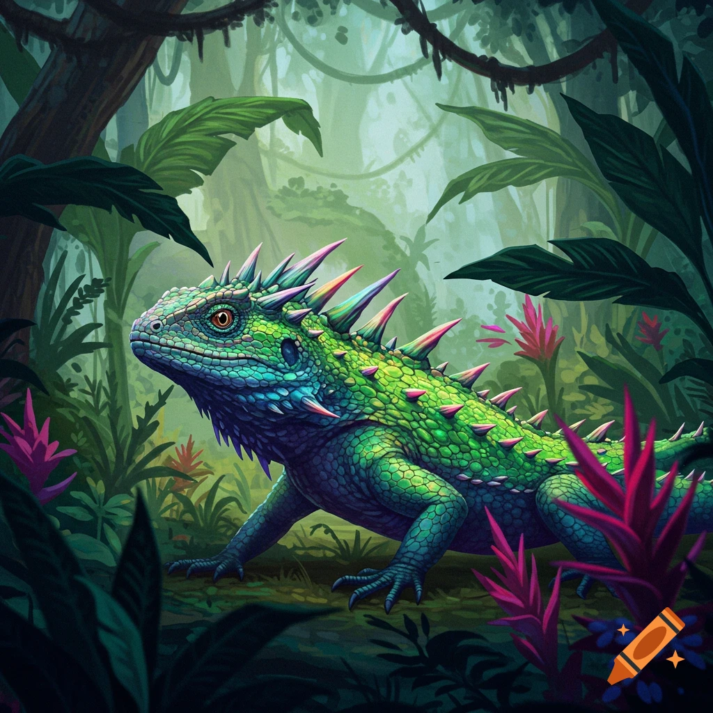 A colorful spiked lizard in a lush rainforest.
