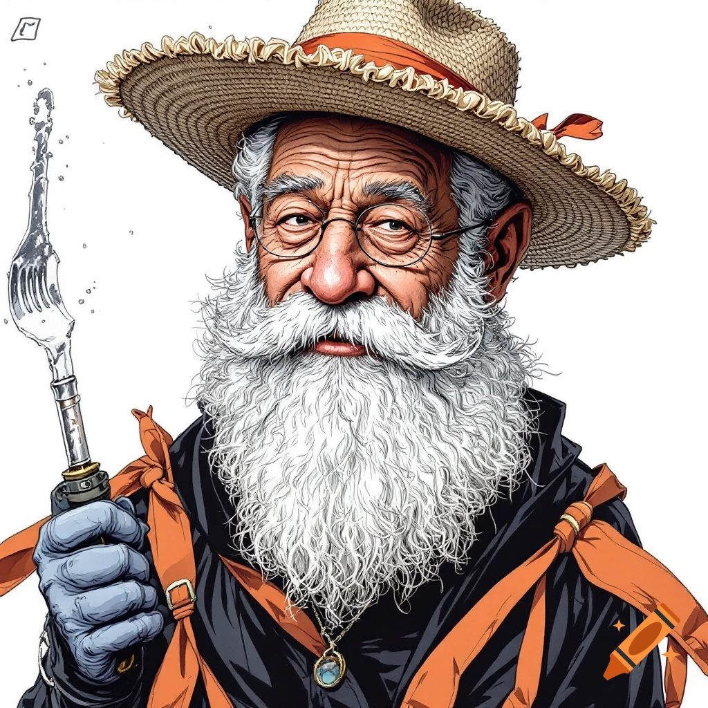 Illustration of an old man with a long white beard, straw hat, and goggles, holding a large, strange silver fork.