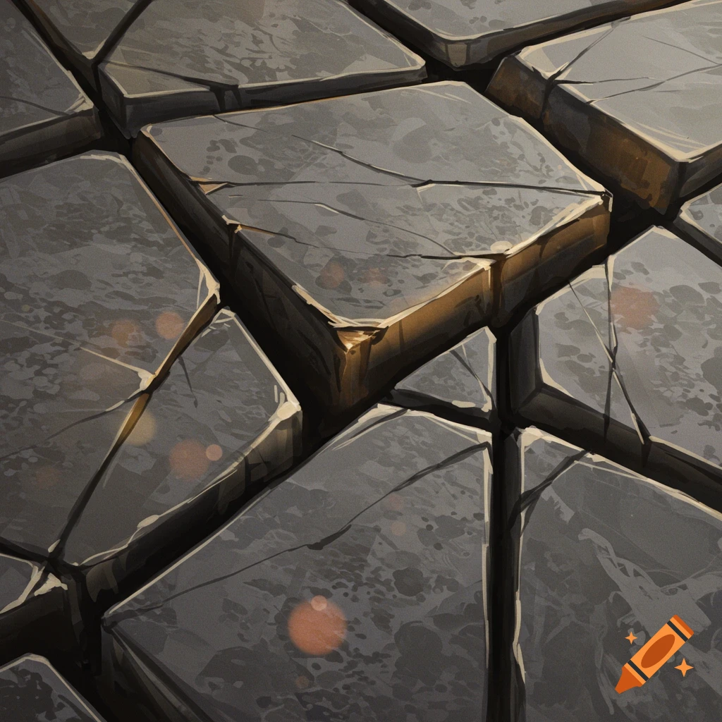 Close-up of cracked gray stones with a warm glow from a central crack.