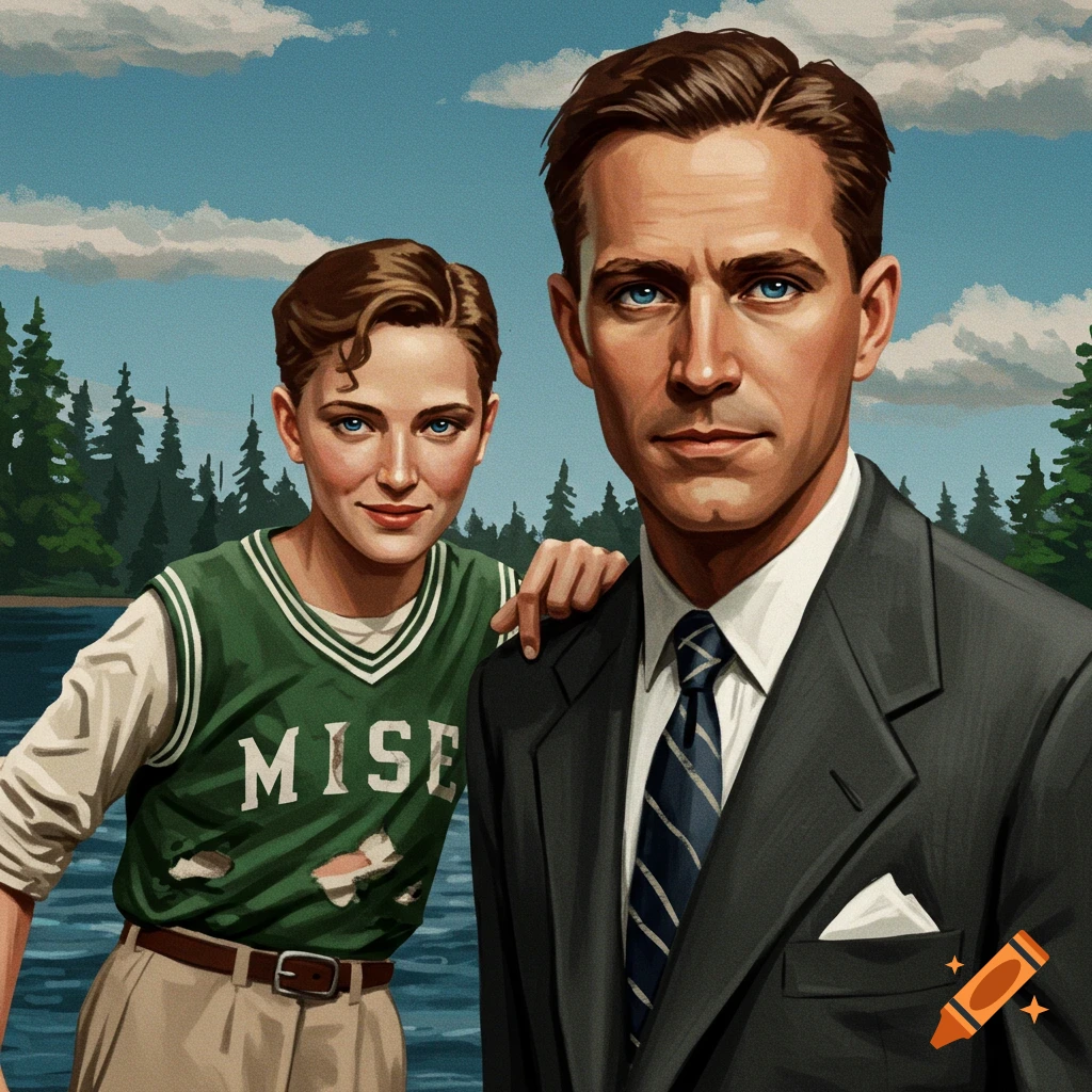 A man in a suit and a woman in a green jersey stand near a lake with trees in the background, in a retro art style.
