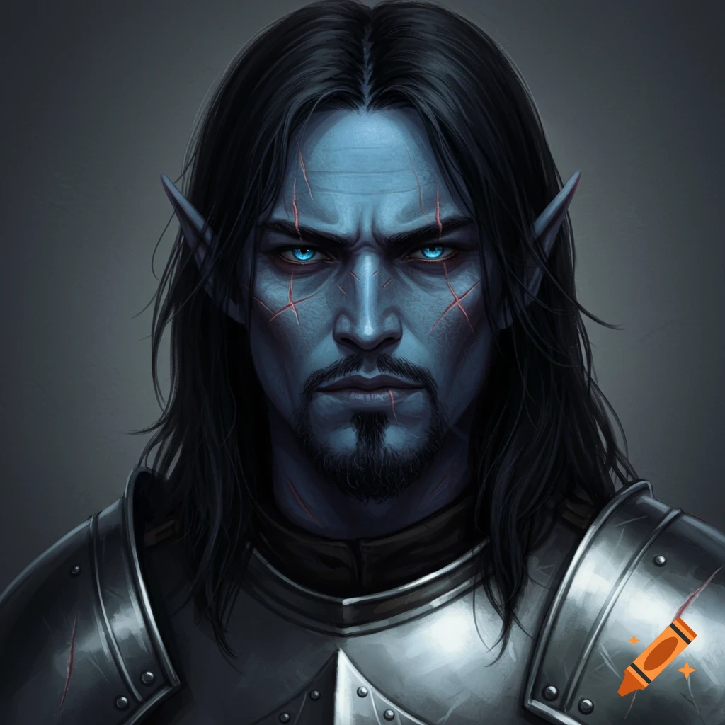 Portrait of a blue-skinned fantasy knight with scars and long black hair and glowing blue eyes.