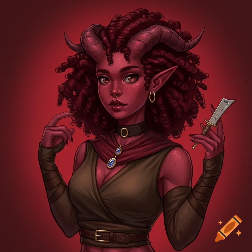Portrait of a red-skinned tiefling character with horns and curly hair, holding a small dagger.