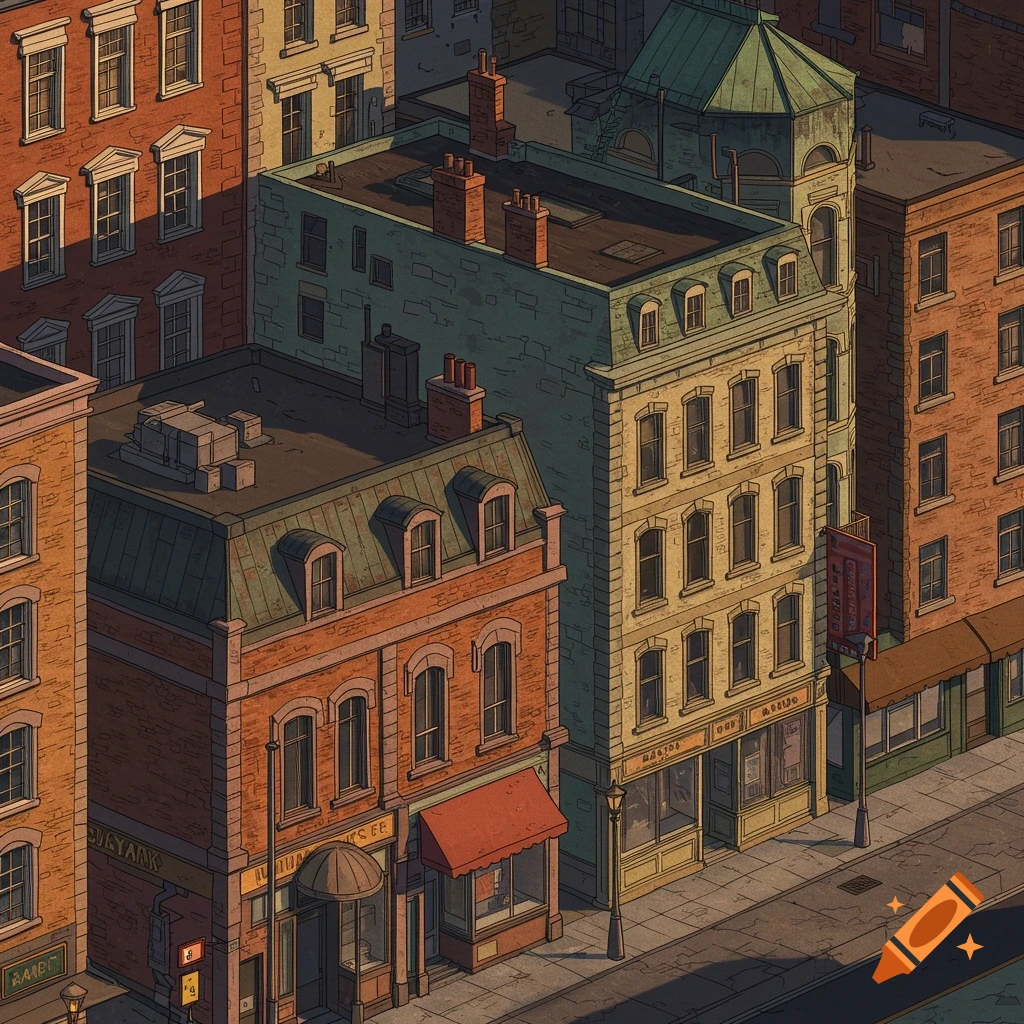 Isometric view of stylized brick buildings in a city street scene, with shops and streetlights.
