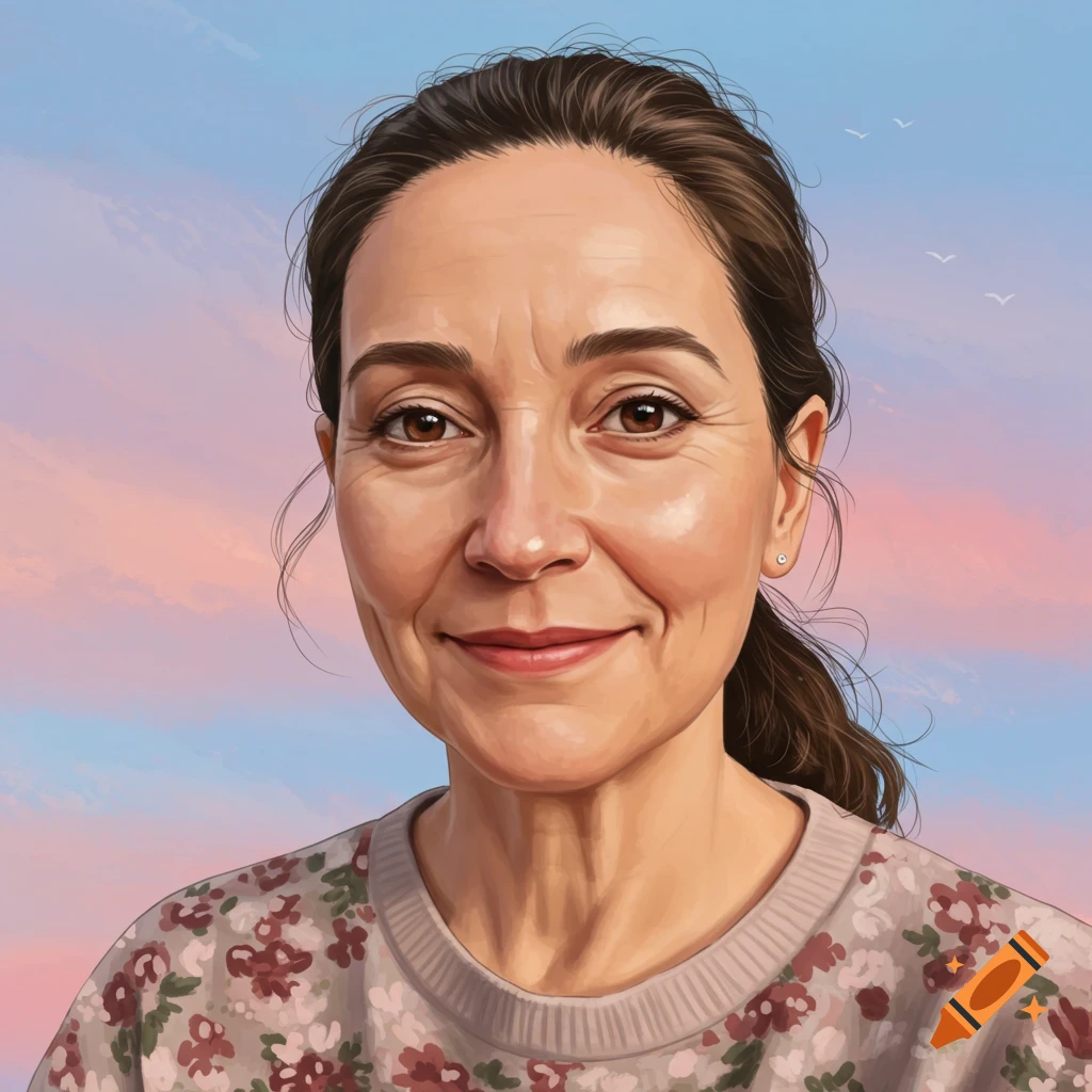 Illustrative portrait of a smiling woman in a floral sweater against a pink and blue sky with birds.