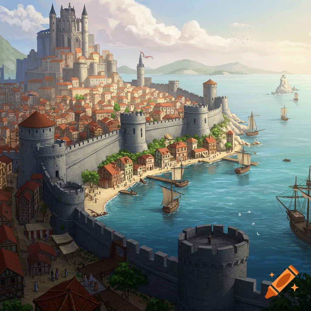 A large walled city with a castle overlooking a bay with ships.