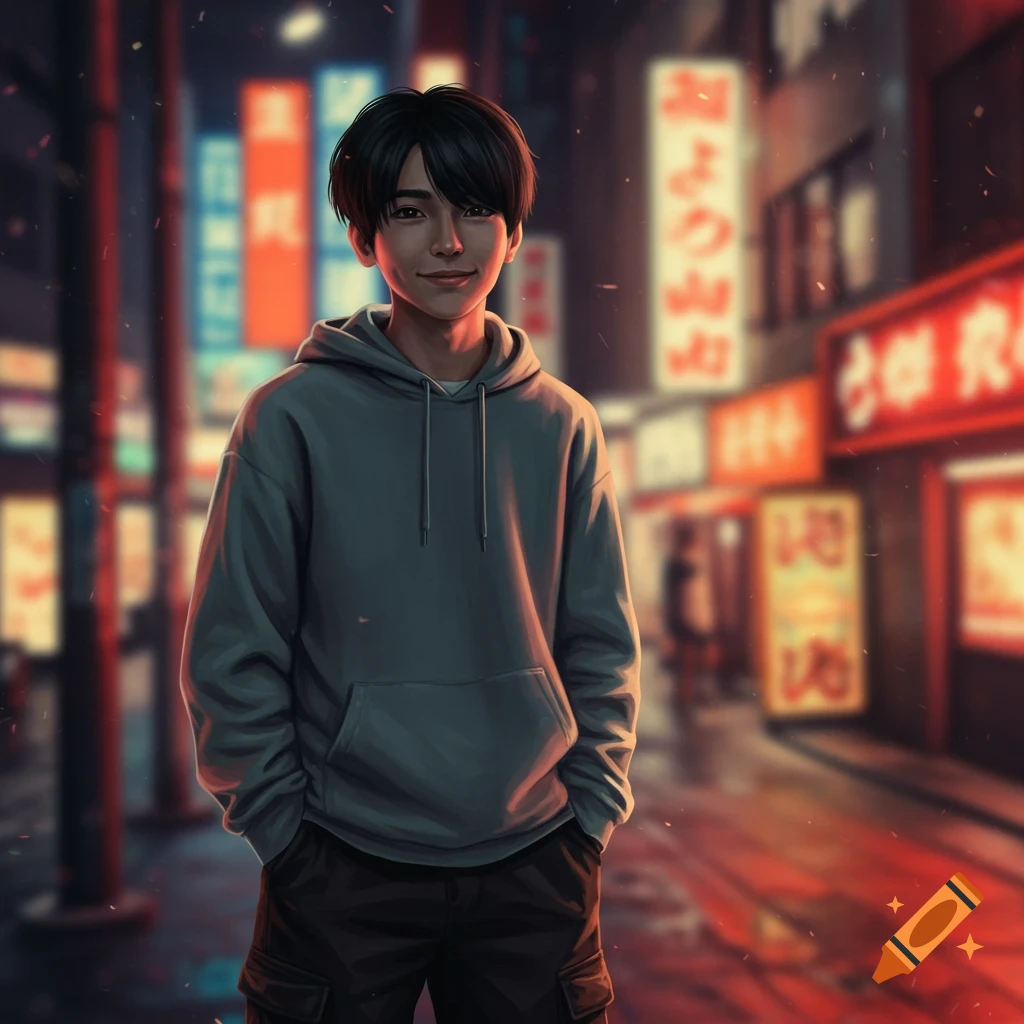 A young man in a grey hoodie stands on a neon-lit city street at night in an anime style.
