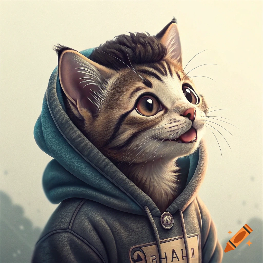 A stylized cat with large eyes wears a grey and blue hoodie, looking up.