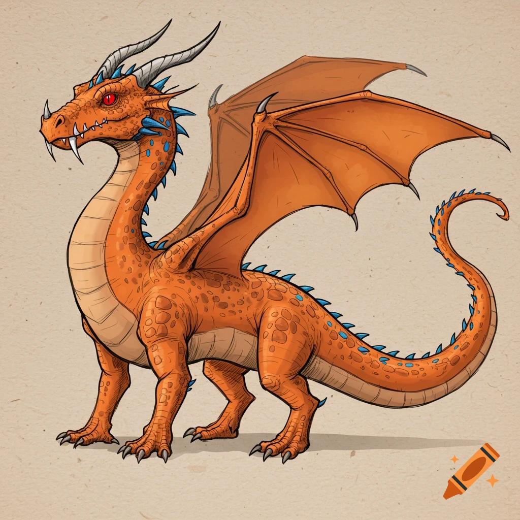 An orange cartoon dragon with blue spikes and large wings.