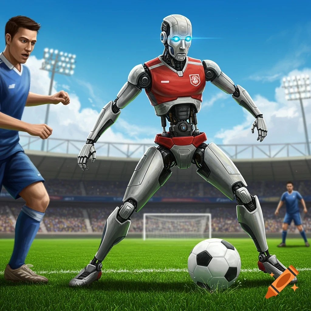 A robot and a human playing soccer in a stadium.